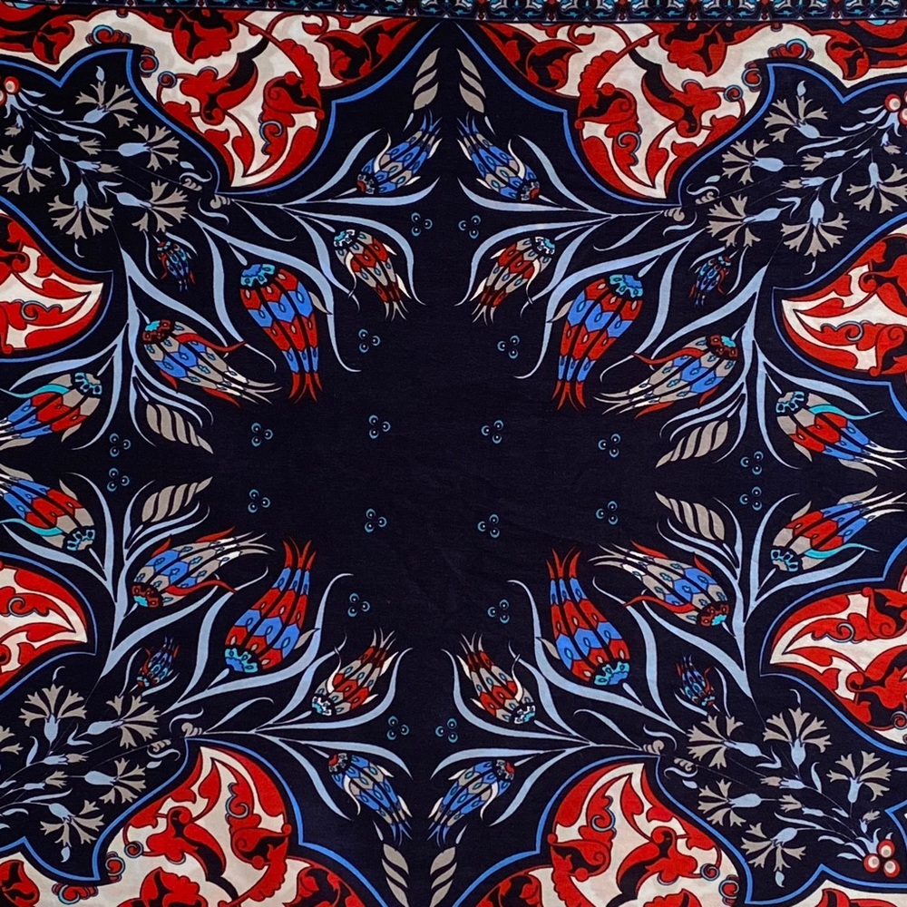 Bursa Ipek 100% Pure Silk Foulard Scarf Turkish Motif Design Red Blue White - Picture 4 of 9